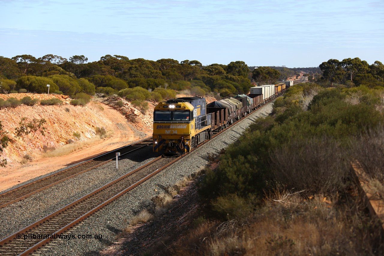 160531 9832
Binduli, 3PM4 steel train, an 80 kph runner with solo Goninan built GE model Cv40-9i NR class unit NR 94 serial 7250-06/97-300 will enter West Kalgoorlie yard to shunt on a crew coach and more empty waggons.
Keywords: NR-class;NR94;Goninan;GE;Cv40-9i;7250-06/97-300;