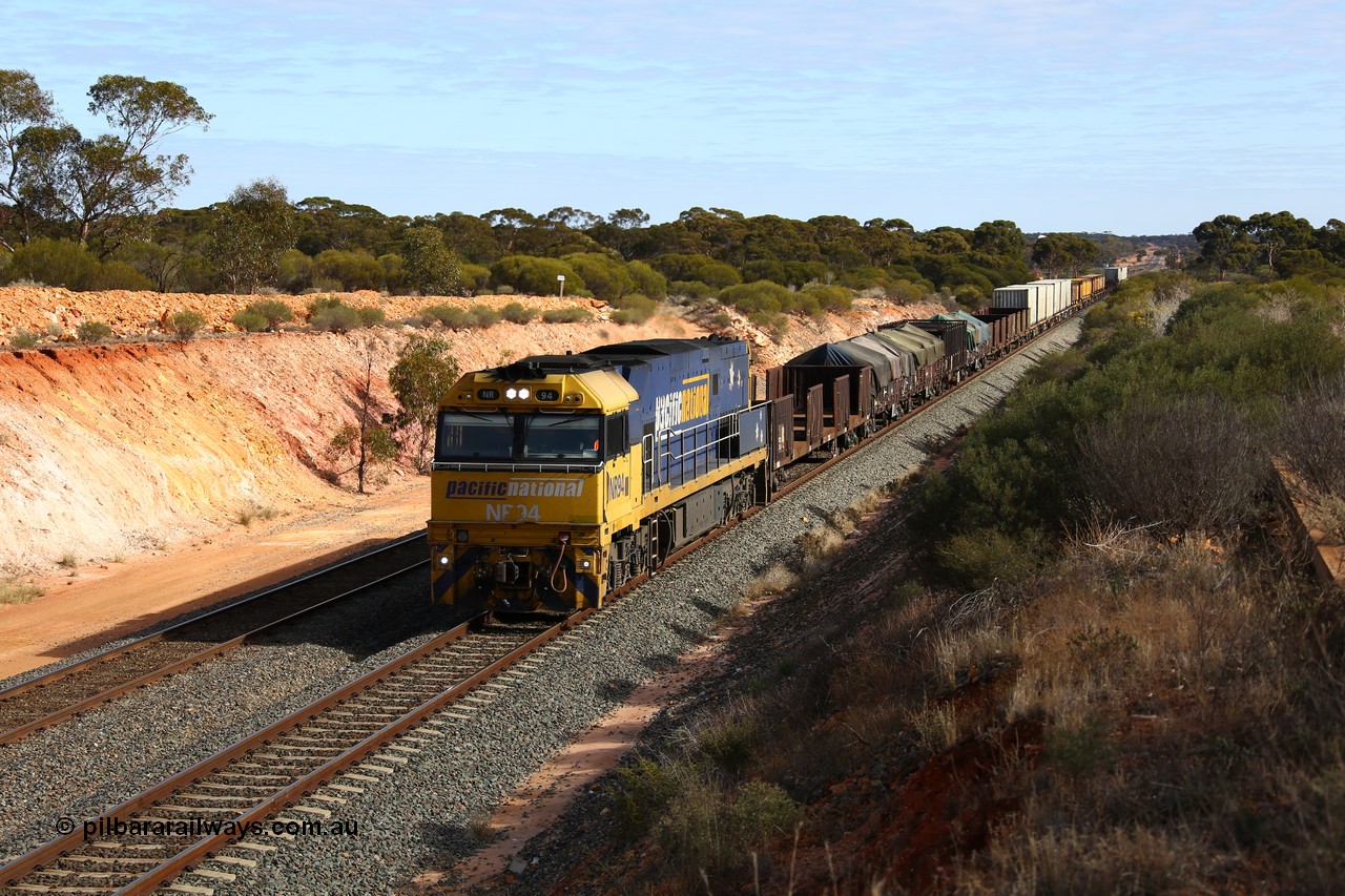 160531 9834
Binduli, 3PM4 steel train, an 80 kph runner with solo Goninan built GE model Cv40-9i NR class unit NR 94 serial 7250-06/97-300 will enter West Kalgoorlie yard to shunt on a crew coach and more empty waggons.
Keywords: NR-class;NR94;Goninan;GE;Cv40-9i;7250-06/97-300;