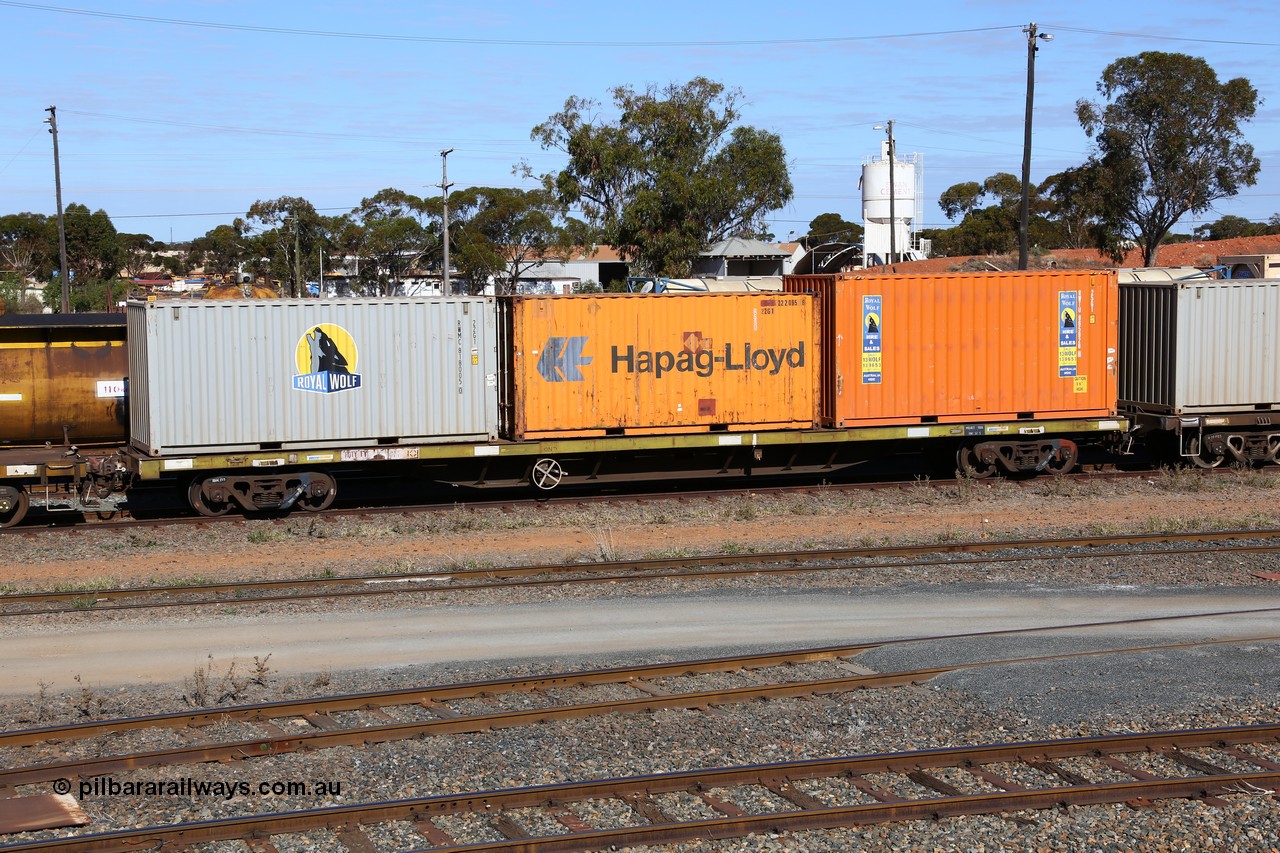 160531 9875
West Kalgoorlie, container waggon RQTY 1 originally built by SAR at Islington Workshops between 1970-72 as part of a batch of seventy two FQX type container waggons. Loaded with three 20' containers, Royal Wolf 22G1 type RWMC 818005, Hapag-Lloyd 22G1 type RSSU 222095 and Royal Wolf 25G1 type RWTU 965926. 31st of May 2016.
Keywords: RQTY-type;RQTY1;SAR-Islington-WS;FQX-type;