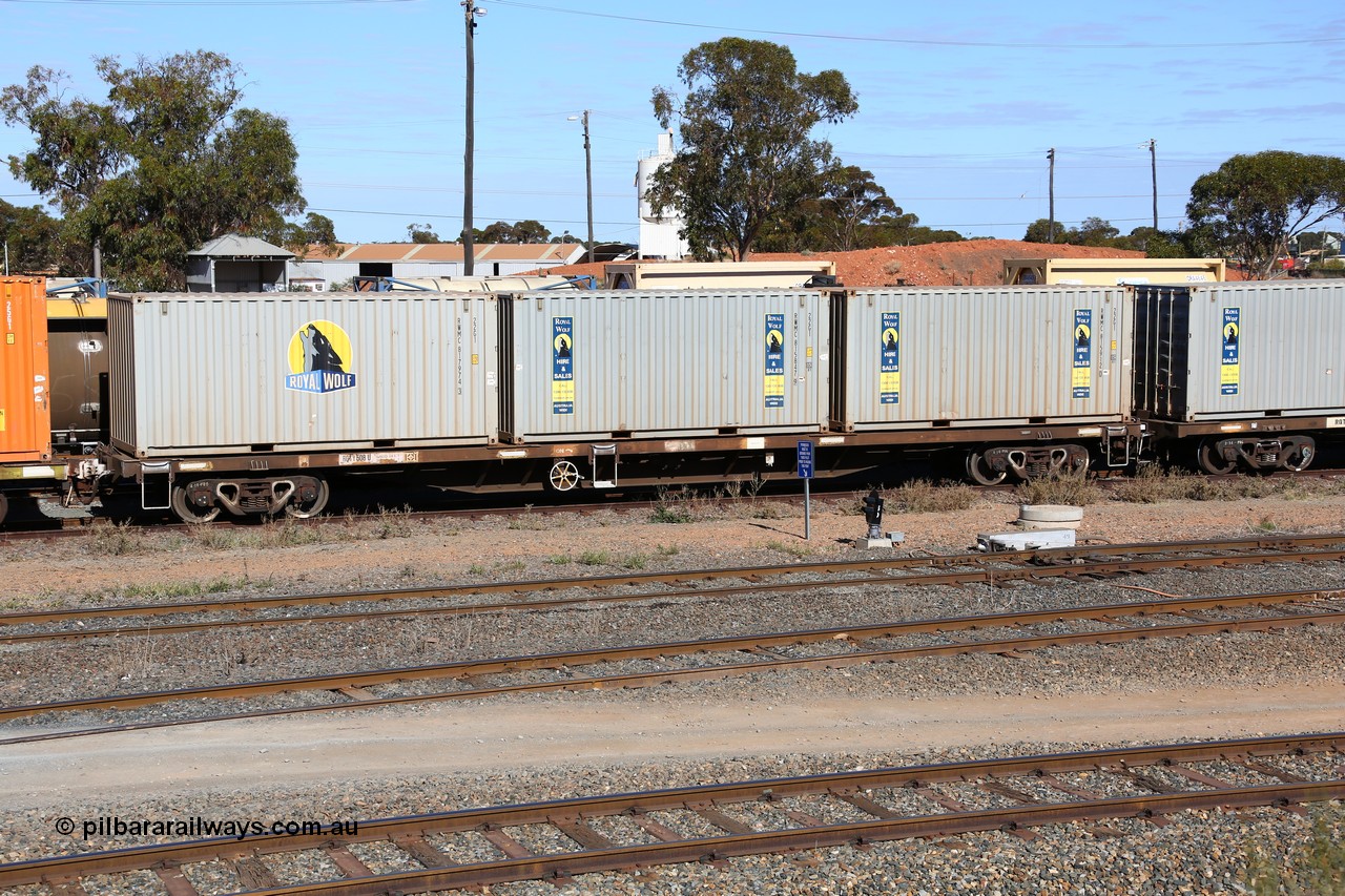 160531 9876
West Kalgoorlie, container waggon RQTY 508 originally built by Victorian Railways Newport Workshops between 1969-72 as part of a batch of two hundred FQX type container waggons, recoded to FQF type in Nov 1977, back to FQX July 1978, to VQCX in May 1979, to VQCY June 1980, then c1985 back to VQCX, and April 1994 to National Rail as RQCX, Mar 1995 to RQCY. Loaded with three 22G1 type 20' Royal Wolf boxes, RWMC 817974, RWMC 815847 and RWMC 815912. 31st of May 2016.
Keywords: RQTY-type;RQTY508;Victorian-Railways-Newport-WS;FQX-type;