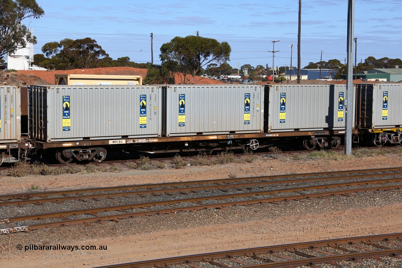 160531 9877
West Kalgoorlie, container waggon RQTY 8 originally built by SAR at Islington Workshops between 1970-72 as part of a batch of seventy two FQX type container waggons. Loaded with three 22G1 type 20' Royal Wolf boxes, RWMC 815927, RWMC 815857 and RWMC 815872. 31st of May 2016.
Keywords: RQTY-type;RQTY8;SAR-Islington-WS;FQX-type;