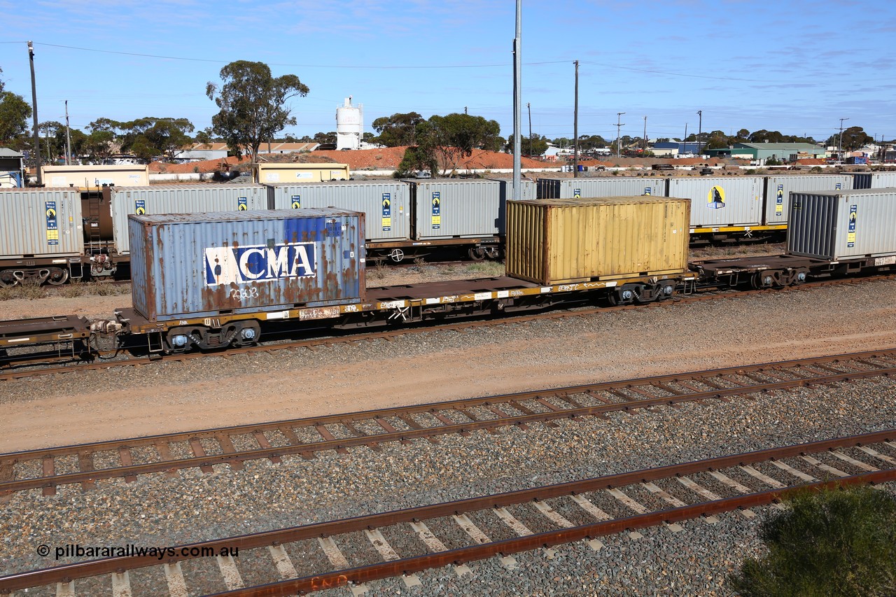 160531 9896
West Kalgoorlie, 1MP2 steel train, container waggon RQGY 34489, one of a hundred built by Tulloch Ltd NSW as OCY type, recoded to NQOY, loaded with a CMA 20' box ECMU 108818 and 20' box RSSU 139744.
Keywords: RQGY-type;RQGY34489;Tulloch-Ltd-NSW;OCY-type;NQOY-type;