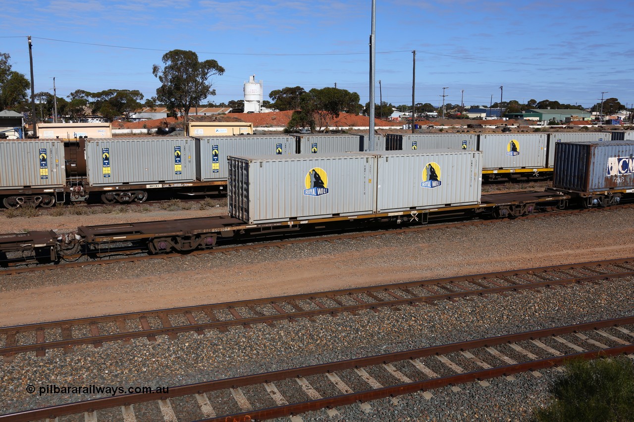 160531 9897
West Kalgoorlie, 1MP2 steel train, RQJW 60010 container waggon, one of fifty built by EPT NSW as NQJW type in 1984-85, with two 20' Royal Wolf boxes RWMC 818002 and RWMC 817997.
Keywords: RQJW-type;RQJW60010;EPT-NSW;NQJW-type;