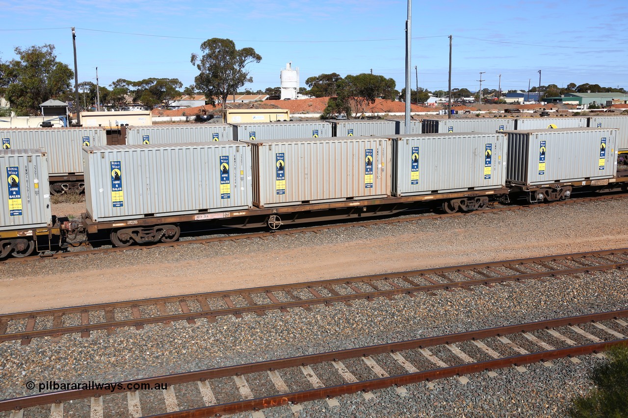 160531 9902
West Kalgoorlie, 1MP2 steel train, container waggon RQTY 29 originally built by SAR at Islington Workshops between 1970-72 as part of a batch of seventy two FQX type container waggons with three 20' Royal Wolf boxes RWMC 815944, RWMC 815825 and RWMC 815899.
Keywords: RQTY-type;RQTY29;SAR-Islington-WS;FQX-type;