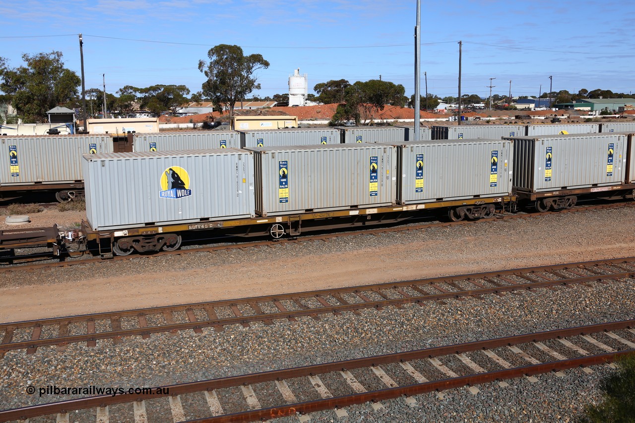 160531 9903
West Kalgoorlie, 1MP2 steel train, container waggon RQTY 48 originally built by SAR at Islington Workshops between 1970-72 as part of a batch of seventy two FQX type container waggons, with three 20' Royal Wolf boxes RWMC 818009, RWMC 815908 and RWMC 815910.
Keywords: RQTY-type;RQTY48;SAR-Islington-WS;FQX-type;