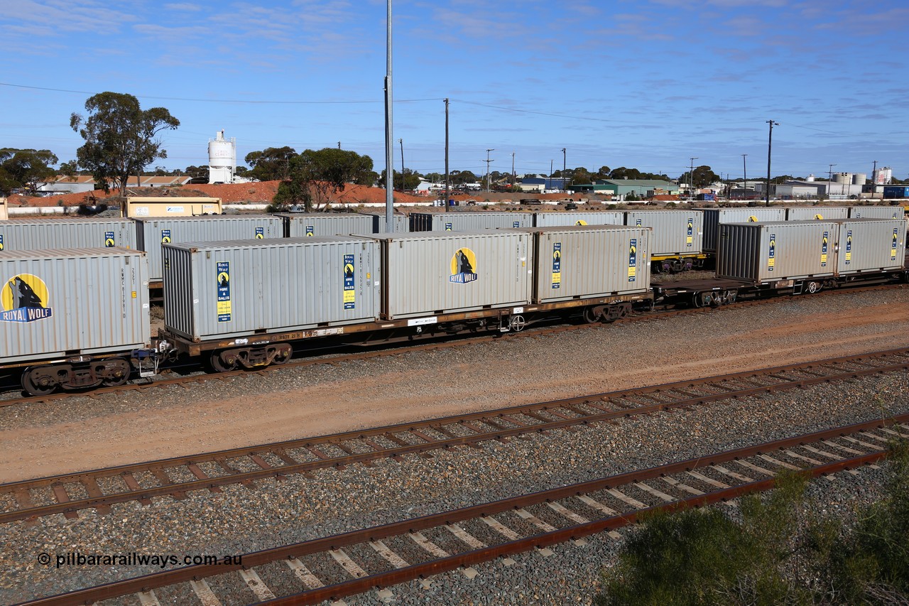160531 9906
West Kalgoorlie, 1MP2 steel train, container waggon RQTY 21 originally built by SAR at Islington Workshops between 1970-72 as part of a batch of seventy two FQX type container waggons loaded with three 20' Royal Wolf boxes RWMC 815945, RWMC 818000 and RWMC 815949.
Keywords: RQTY-type;RQTY21;SAR-Islington-WS;FQX-type;