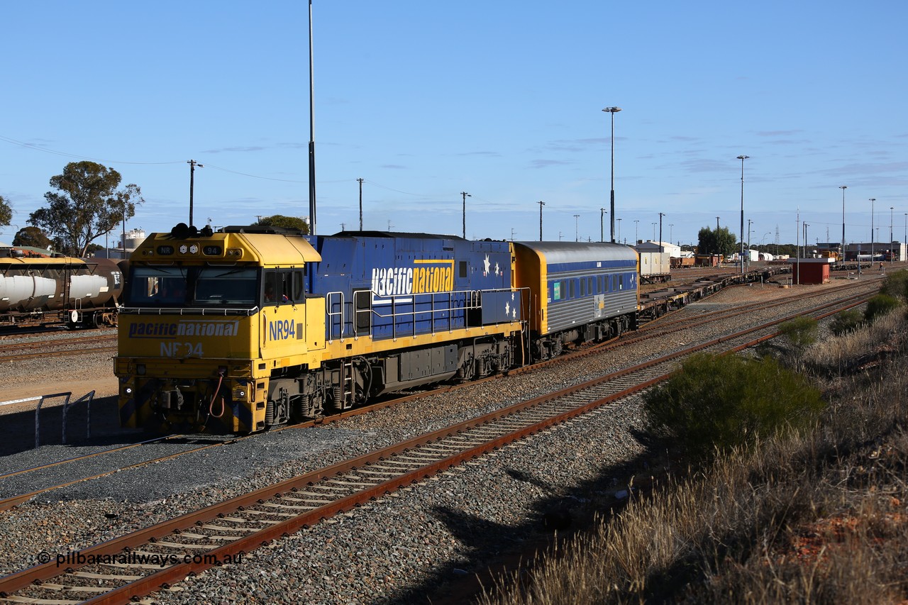160531 9937
West Kalgoorlie, 3PM4 steel train, Goninan built GE model Cv40-9i NR class unit NR 94 serial 7250-06/97-300 shunts empty container waggons from the yard to put on the front of its train for the journey back east.
Keywords: NR-class;NR34;Goninan;GE;Cv40-9i;7250-06/97-300;