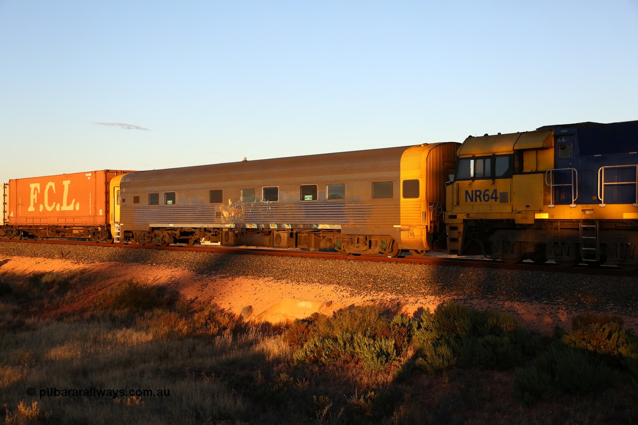 160601 10091
West Kalgoorlie, 2MP5 intermodal train, crew accommodation coach RZAY 283, built by Comeng NSW in 1972 as type ARJ, stainless steel, air conditioned, first class roomette sleeping coach, converted by AN Rail Port Augusta Workshops in 1997 to RZAY.
Keywords: RZAY-type;RZAY283;Comeng-NSW;ARJ-type;