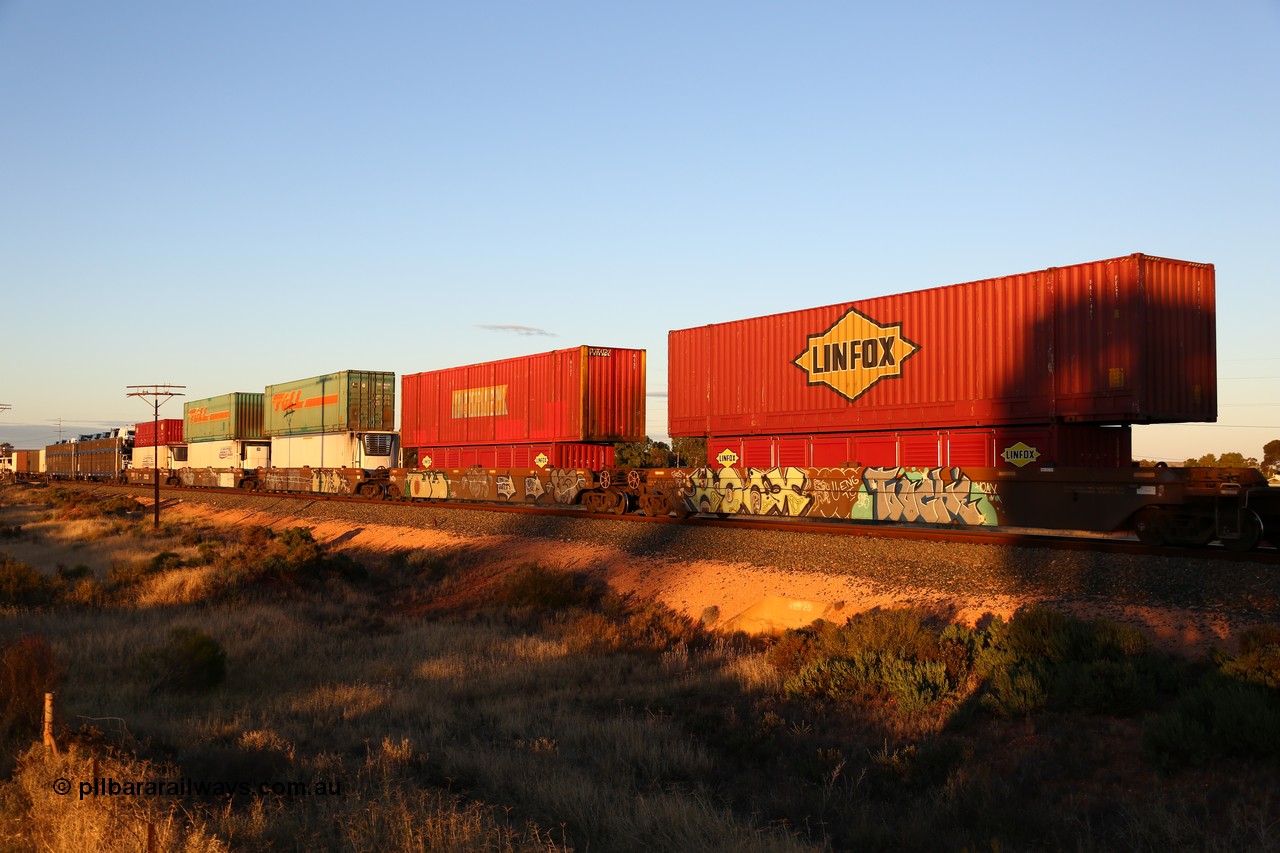 160601 10096
West Kalgoorlie, 2MP5 intermodal train, 5-pack RRRY 7007 well waggon set, one of nineteen built in China at Zhuzhou Rolling Stock Works for Goninan in 2005, double stacked with a range of types and sizes including 53' auto boxes, 40' half height side doors, 46' reefers and 48' boxes.
Keywords: RRRY-type;RRRY7007;CSR-Zhuzhou-Rolling-Stock-Works-China;