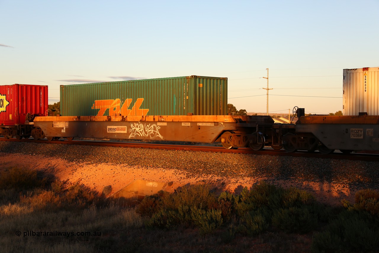 160601 10131
West Kalgoorlie, 2MP5 intermodal train, RRIY 1 well waggon, rebuilt by Gemco WA from donor waggon set RQZY 7061 in 2006, makes a rear visit to WA with a Toll 40' box TRRC 410605.
Keywords: RRIY-type;RRIY1;Gemco-Rail-WA;RQZY-type;Goninan-NSW;