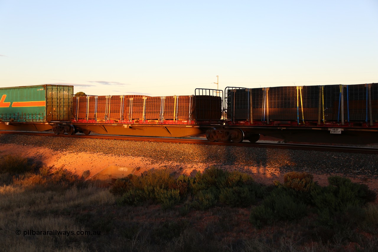 160601 10141
West Kalgoorlie, 2MP5 intermodal train, RRAY 7163 platforms 1 and 2 of 5-pack articulated skel waggon set, 1 of 100 built by ABB Engineering NSW 1996-2000, 40' and 48' decks both with 40' KT type flatracks loaded with mesh, KT 400254 and 400279.
Keywords: RRAY-type;RRAY7163;ABB-Engineering-NSW;