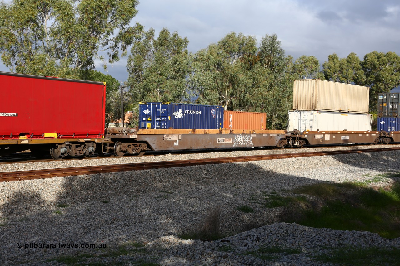 160609 0413
Woodbridge, 5PM5 intermodal train, RRIY 1 well waggon, rebuilt by Gemco WA from donor waggon set RQZY 7061 in 2006, with a 20' Cronos bulk box TINB 122849 and a 20' Triton box TCKU 1335##.
Keywords: RRIY-type;RRIY1;Gemco-Rail-WA;RQZY-type;Goninan-NSW;