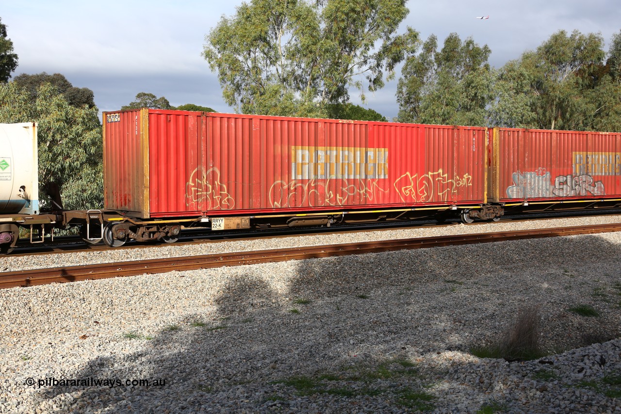 160609 0458
Woodbridge, 5PM5 intermodal train, RRYY 22, platform 1 of 5-pack articulated low profile skel waggon set, one of fifty two such sets built by Bradken Rail Braemar NSW from a Worley-Williams design, based on the TNT TRAY type for moving automotive carrying containers, with a Patrick 53' automotive container A 135.
Keywords: RRYY-type;RRYY22;Worley-Williams;Bradken-NSW;