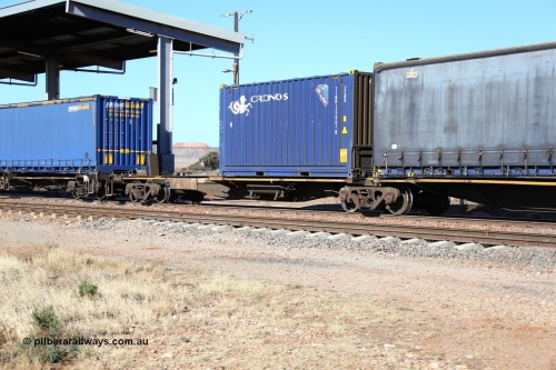 160522 2144
Parkeston, 6MP4 intermodal train, platform 1 of 5 pack RRGY 7123 5 pack articulated skel waggon set, originally built as RRBY by AN Rail at Islington Workshops SA 1996-97, 40' deck with a Cronos 20' bulk container TINB 122901.
Keywords: RRGY-type;RRGY7123;AN-Islington-WS;RRBY-type;