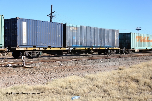 160522 2164
Parkeston, 6MP4 intermodal train, RQCY 847 container waggon built by V/Line Bendigo Workshops 1977 as FQX, then VQCX, with an Austrans 40' 4EG1 type box AUSU 408248[0] and an SCF 20' 25G1 type box SCFU 205492[3].
Keywords: RQCY-type;RQCY847;V/Line-Bendigo-WS;FQX-type;VQCX-type;