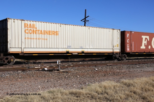 160522 2178
Parkeston, 6MP4 intermodal train, RQQY 7076 platform 4 of 5-pack articulated skel waggon set, 1 of 17 built by Qld Rail at Ipswich Workshops in 1995, 48' Rail Containers sea2rail box TSPD 481022.
Keywords: RQQY-type;RQQY7076;Qld-Rail-Ipswich-WS;
