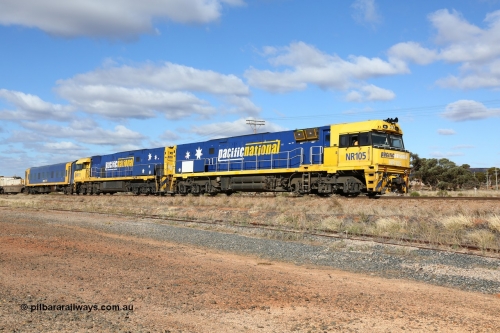160522 2336
Parkeston, 7MP7 priority service train running up the hill to Kalgoorlie with a pair of Goninan built GE model Cv40-9i NR class units NR 105 serial 7250-08/97-310 and NR 113 serial 7250-09/97-312 and crew accommodation coach BRS 222 all in Pacific National livery.
Keywords: NR-class;NR105;Goninan;GE;Cv40-9i;7250-08/97-310;