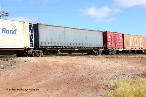160522 2361
Parkeston, 7MP7 priority service train, platform 1 of 5-pack articulated skel waggon set, Qiqihar Rollingstock Works China built RRQY 8408, Pacific National 48' curtainsider PNXC 013.
Keywords: RRQY-type;RRQY8408;Qiqihar-Rollingstock-Works-China;