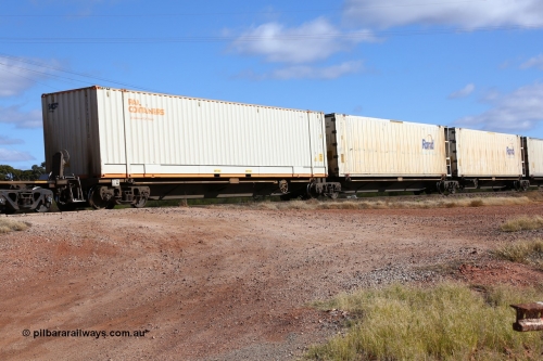 160522 2365
Parkeston, 7MP7 priority service train, platform 5 of 5-pack articulated skel waggon set, Qiqihar Rollingstock Works China built RRQY 8408, 48' MFG1 type Rail Containers box SCFU 412611[2].
Keywords: RRQY-type;RRQY8408;Qiqihar-Rollingstock-Works-China;