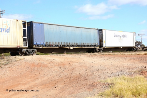 160522 2368
Parkeston, 7MP7 priority service train, RRAY 7244 platform 3 of 5-pack articulated skel waggon set, 1 of 100 built by ABB Engineering NSW 1996-2000, 48' deck, Pacific National curtainsider PNXM 4529.
Keywords: RRAY-type;RRAY7244;ABB-Engineering-NSW;