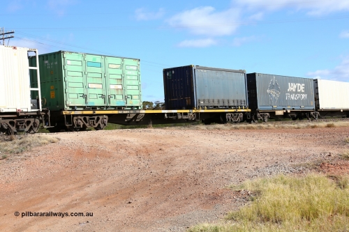 160522 2419
Parkeston, 7MP7 priority service train, RQAY 21859 container waggon, one of a hundred waggons built in 1981 by EPT NSW as type NQAY, recoded to RQAY in 1994, with a 24' Pacific National curtainsider PNXC 4603 and a 20' side door SCF box SCFU 305076.
Keywords: RQAY-type;RQAY21859;EPT-NSW;NQAY-type;