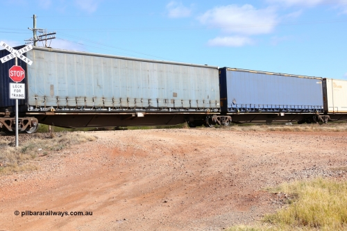 160522 2443
Parkeston, 7MP7 priority service train, RRAY 7249 platform 4 of 5-pack articulated skel waggon set, 1 of 100 built by ABB Engineering NSW 1996-2000, 48' deck with Pacific National curtainsider PNXM 4522 without logo.
Keywords: RRAY-type;RRAY7249;ABB-Engineering-NSW;