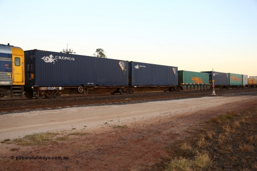 160523 2713
Parkeston, view of articulated 5-pack centre well waggon set RQLY 1007, one of fourteen built by AN Rail Islington Workshops 1991 as AQLY type, loaded with Cronos and Toll 40' boxes, train 1PM5.
Keywords: RQLY-type;RQLY1007;AN-Islington-WS;AQLY-type;