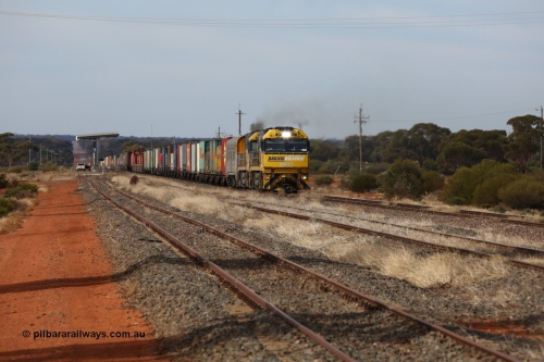 160523 2926
Parkeston, 7SP3 intermodal train, a pair of Goninan built GE model Cv40-9i NR class units NR 12 serial 7250-02/97-214 and NR 51 serial 7250-08/97-253 lead the train 'elephant style' out of the dip and along the mainline at the 1776 km. The PN local is in the car at the gantry performing a roll-by, the track on the left is the Engineers Siding.
Keywords: NR-class;NR12;Goninan;GE;Cv40-9i;7250-02/97-214;