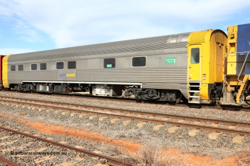 160523 2934
Parkeston, 7SP3 intermodal train, crew accommodation coach RZAY 940, built by Comeng NSW in 1968 as ARJ 240, a stainless steel, air conditioned, roomette sleeping coach, rebuilt by AN Rail Port Augusta Workshops to RZAY in 1997.
Keywords: RZAY-type;RZAY940;Comeng-NSW;ARJ-type;ARJ240;ARJ940;