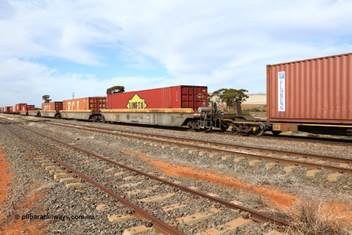 160523 2960
Parkeston, 7SP3 intermodal train, RQZY 7053 5-pack built by Goninan as one of thirty two well waggon sets from 1995-96, loaded with two Linfox and two FCL 48' containers.
Keywords: RQZY-type;RQZY7053;Goninan-NSW;