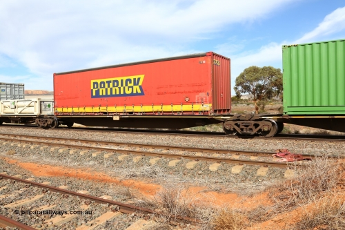 160523 2978
Parkeston, 7SP3 intermodal train, RRGY 7142 platform 5, RRGY type is a 2-pack articulated skeletal container waggon, one of fifty originally built by AN Rail Islington Workshops in 1996-97 as type RRBY, later rebuilt with 48' intermediate decks and recoded to RRGY. Loaded with Patricks 40' curtainsider SPD? 45.
Keywords: RRGY-type;RRGY7142;AN-Islington-WS;RRBY-type;