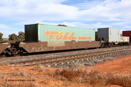 160523 2983
Parkeston, 7SP3 intermodal train, PQYY 7083 platform 1, PQYY type is a 5-pack articulated well waggon set built in September 1995 by AN Islington Workshops as one of a pair of RQYY for Boxcar/Cubico and recoded in the late '90s to PQYY. Loaded with a 40' 4FG1 type container for Toll TOLH 910218.
Keywords: PQYY-type;PQYY7083;AN-Islington-WS;RKQY-type;