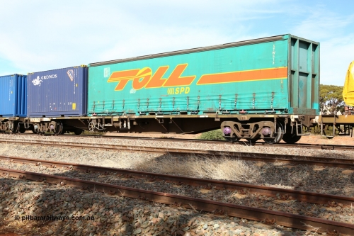 160523 2995
Parkeston, intermodal train 7SP3, RQFY 90 container waggon, built by Victorian Railways Bendigo Workshops in 1980 as a batch of seventy five VQFX type skeletal container waggons, recoded to VQFY c1985, then RQFY May 1994, May 1995 to RQFF, then 2CM bogies fitted in Aug 1995 and current code Dec 1995. Loaded with a Toll 5TW 513 40' curtainsider and Cronos 20' 2EG1 type box TINT 124865[0].
Keywords: RQFY-type;RQFY90;Victorian-Railways-Bendigo-WS;VQFX-type;VQFY-type;RQFF-type;