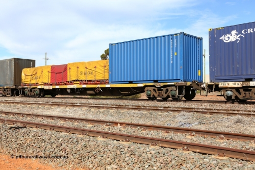160523 2996
Parkeston, 7SP3 intermodal train, RQGY 34439 63' container waggon, originally built in a batch of one hundred by Tulloch Ltd NSW between 1974 and 75 as an OCY type, recoded to NQOY then NQSY. Loaded with 20' 25G1 type box YOU 150882[7] and a 40' flatrack FD 211 with a Simon tarped load.
Keywords: RQGY-type;RQGY34439;Tulloch-Ltd-NSW;OCY-type;NQOY-type;NQSY-type;