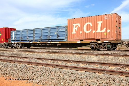 160523 2999
Parkeston, 7SP3 intermodal train, NQGY 34475 63' container waggon, originally built in a batch of one hundred by Tulloch Ltd NSW between 1974 and 75 as an OCY type, recoded to NQOY then NQSY. Loaded with a 20' FCL box FCGU 960467[9] and an SCF half height side door unit SCFU 607066[6].
Keywords: NQGY-type;NQGY34475;Tulloch-Ltd-NSW;OCY-type;