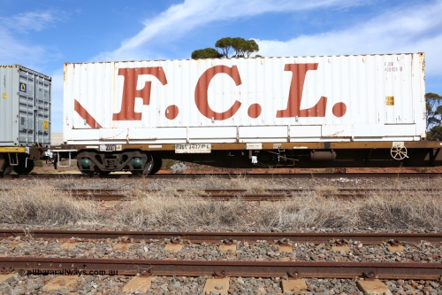 160523 3004
Parkeston, 7SP3 intermodal train, RQGY 34379 63' container waggon, originally built in a batch of one hundred by Goninan NSW between 1974 and 75 as an OCY type, recoded to NQOY then NQSY. Side view of code board and 2CM bogie. Loaded with an FCL 40' box FJSV 429129[9].
Keywords: RQGY-type;RQGY34379;Goninan-NSW;OCY-type;