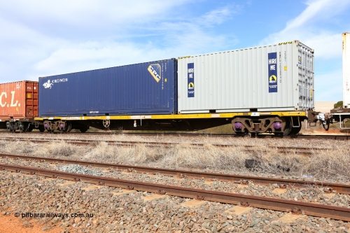 160523 3005
Parkeston, 7SP3 intermodal train, RQBY 15021 63' container waggon, one of seventy that Comeng NSW built as OCY type container flat waggon in 1974-75, recoded to NQOY, then NQSY and NQBY. Loaded with a 20' Royal Wolf 25G1 type box RWPU 203894[2] and a 40' Cronos 4EG1 type box CXSU 114740[1].
Keywords: RQBY-type;RQBY15021;Comeng-NSW;OCY-type;