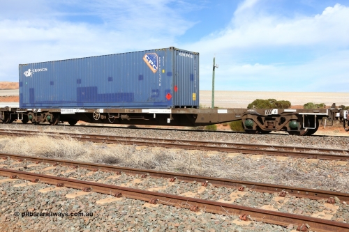 160523 3014
Parkeston, 7SP3 intermodal train, RQSY 35040 63' container waggon, one of a hundred OCY type waggons built by Goninan NSW in 1975, recoded to NQOY, NQSY. Loaded with a 40' 4EG1 type Cronos box CRTU 092345[6].
Keywords: RQSY-type;RQSY35040;Goninan-NSW;OCY-type;NQOY-type;NQSY-type;