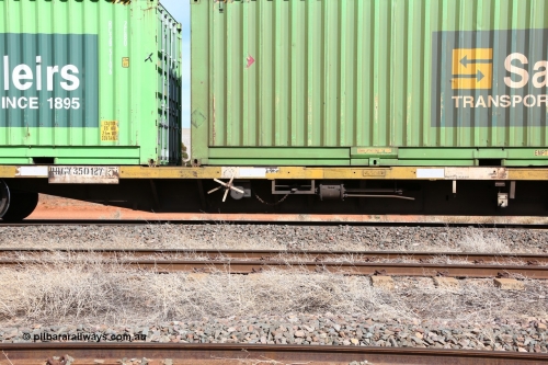 160523 3023
Parkeston, 7SP3 intermodal train, RQGY 35012 63' container waggon, one of a hundred OCY type waggons built by Goninan NSW in 1975, recoded to NQOY, NQSY. Side view of the brake arrangement, code board and number plate with welded numerals.
Keywords: RQGY-type;RQGY35012;Goninan-NSW;OCY-type;