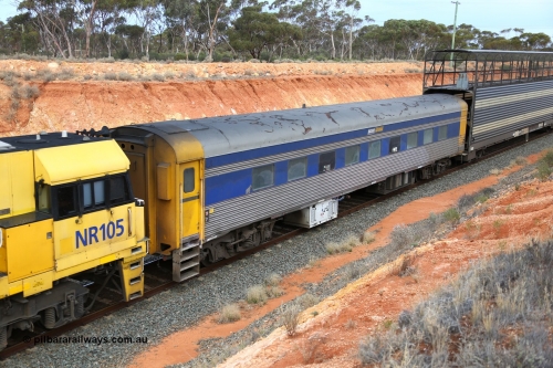 160524 3741
West Kalgoorlie, 2PM6 intermodal train with crew accommodation coach RZEY 4, built by South Australian Railways Islington Workshops as Purpawi in 1955 for use on The Overland, coded JRA 4, to West Coast Railway, converted to RZEY by Bluebird Rail Operations 2007.
Keywords: RZEY-type;RZEY4;SAR-Islington-WS;JRA-type;JRA4;Purpawi;