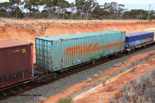 160524 3755
West Kalgoorlie, 2PM6 intermodal train, RRQY 8313 platform 1 of 5-pack articulated skel waggon, one of forty one sets built by Qiqihar Rollingstock Works China in 2006 loaded with a Toll 48' box TSPD 48350.
Keywords: RRQY-type;RRQY8313;Qiqihar-Rollingstock-Works-China;
