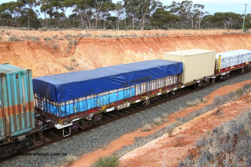 160524 3756
West Kalgoorlie, 2PM6 intermodal train, container waggon RQSY 34451 with a KT 40' flatrack with K+S tarp on Wesbeam products and a 20' box YOIU 126107.
Keywords: RQSY-type;RQSY34451;Tulloch-Ltd-NSW;OCY-type;