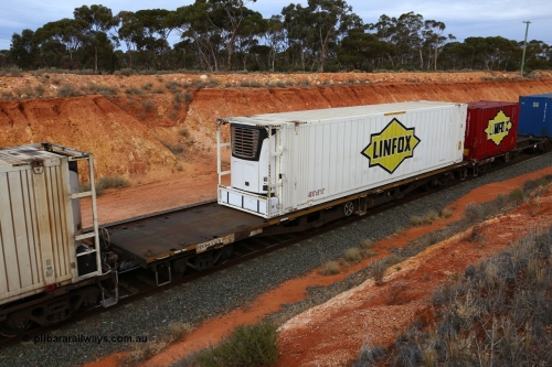 160524 3774
West Kalgoorlie, 2PM6 intermodal train, RRKY 4337 container waggon, built by Perry Engineering SA in 1976 as RMX, to AQMX, AQSY, RQKY. Linfox 46' 6