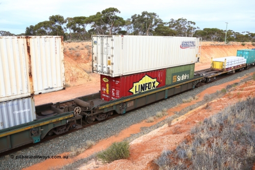 160524 3804
West Kalgoorlie, 2PM6 intermodal train, RRXY 8 platform 1 of 5-pack well waggon set, one of eleven built by Bradken Qld in 2002 for Toll from a Williams-Worley design with 20' Linfox 2EG9 type FSWB 963503 and a Sadleirs 2EB0 type box RCS? 6063? in the well and Scott's Refrigerated Railways 46' 6