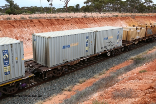 160524 4033
Binduli, Melbourne bound steel train service 3PM4, RQIY 10198 container waggon built by Goninan NSW in 1980-81 as an NQIY type. Two 20' 22G1 type Pacific National Royal Wolf containers RWLU 814960 and RWLU 814907.
Keywords: RQIY-type;RQIY10198;Goninan-NSW;NQIY-type;