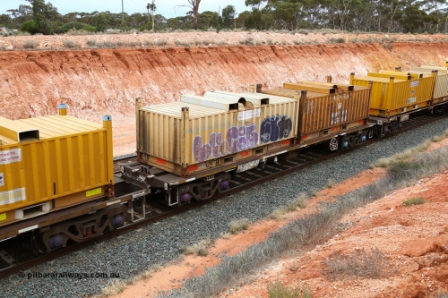 160524 4038
Binduli, Melbourne bound steel train service 3PM4, RQIY 10177 container waggon built by Goninan NSW in 1980-81 as part of a batch of fifty as NQIY type container waggons, loaded with two RH type 'butter box' or coil steel containers RH203 and RH212.
Keywords: RQIY-type;RQIY10177;Goninan-NSW;NQIY-type;