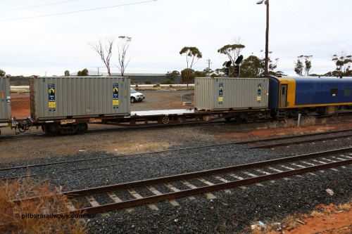 160524 4243
West Kalgoorlie, 1MP2 steel train, RRKY 2723, originally built by Perry Engineering SA in 1974 part of a batch of forty five RM type motor vehicle flat waggons, recoded to AQPY container waggon, then AQMP and RQKY, riding on aligned bogies, loaded with two Royal Wolf 20' 22G1 type boxes RWMC 815896 and 815921.
Keywords: RRKY-type;RRKY2723;Perry-Engineering-SA;RM-type;AQPY-type;AQMP-type;RQKY-type;