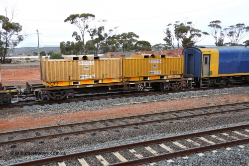 160524 4283
West Kalgoorlie, 1MP2 steel train, RKLY 20370, totally unrecognisable from original build by EPT NSW 1979-81 as part of a batch of two hundred BDY type 14.20 metre open waggons, had several recoding's prior to its current guise, loaded with two RH type coil containers or 'butter boxes'.
Keywords: RKLY-type;RKLY20370;EPT-NSW;BDY-type;NODY-type;NOJY-type;NKJY-type;RKJY-type;