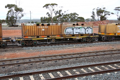 160524 4284
West Kalgoorlie, 1MP2 steel train, NQTY 20261, originally build by EPT NSW 1979-81 as part of a batch of two hundred BDY type 14.20 metre open waggons before conversion in the 1990s, loaded with two RH type RH 108 and RH 116 coil containers or 'butter boxes'.
Keywords: NQTY-type;NQTY20261;EPT-NSW;BDY-type;NODY-type;