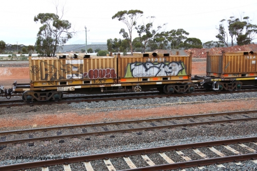 160524 4285
West Kalgoorlie, 1MP2 steel train, RKLY 20812, originally built by EPT NSW in 1980-81 as part of a batch of two hundred NODY type 14.20 metre open waggons, recoded as NKHY ~1097-91 then RKHY before having the body completely removed to current code, loaded with two RH type RH 230 and RH 509 coil containers or 'butter boxes'.
Keywords: RKLY-type;RKLY20812;EPT-NSW;NODY-type;